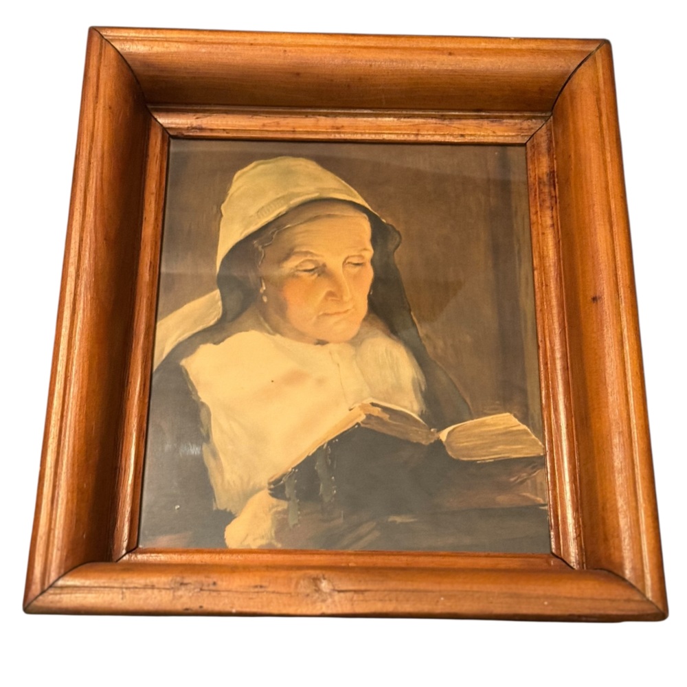 Antique 1800s Primitive Handmade Wooden Framed Art Print “The Comforter”